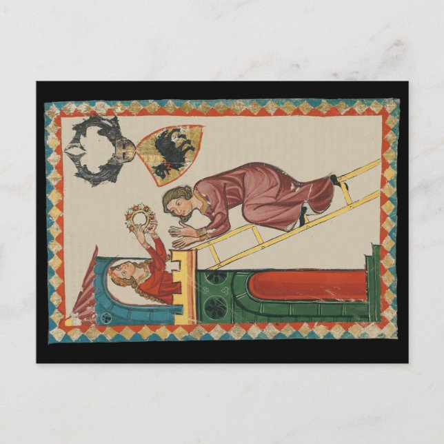 Lady Giving Gift to Suitor, 14th Century Postcard (Front)