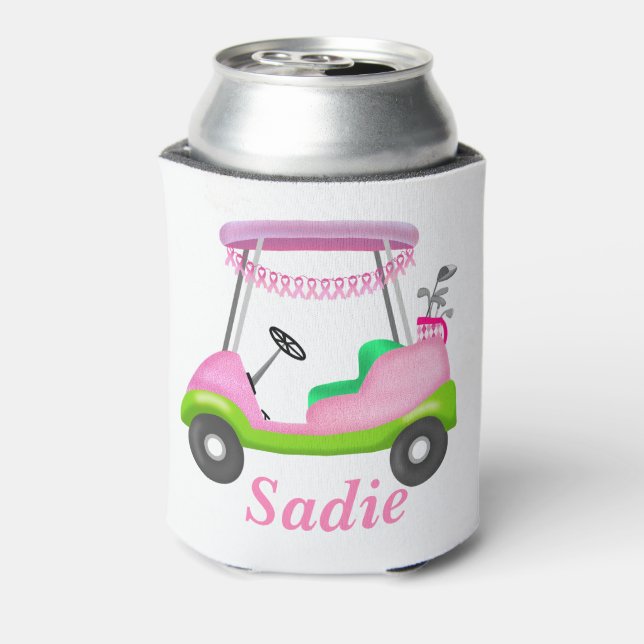 Lady Golf Cart Breast Cancer Personalized  Can Cooler (Can Back)