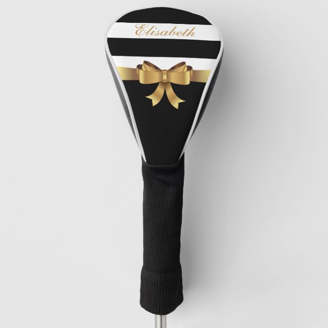Lady Golf Golden Bow Black Bold Stripes Monogram Golf Head Cover (Front)
