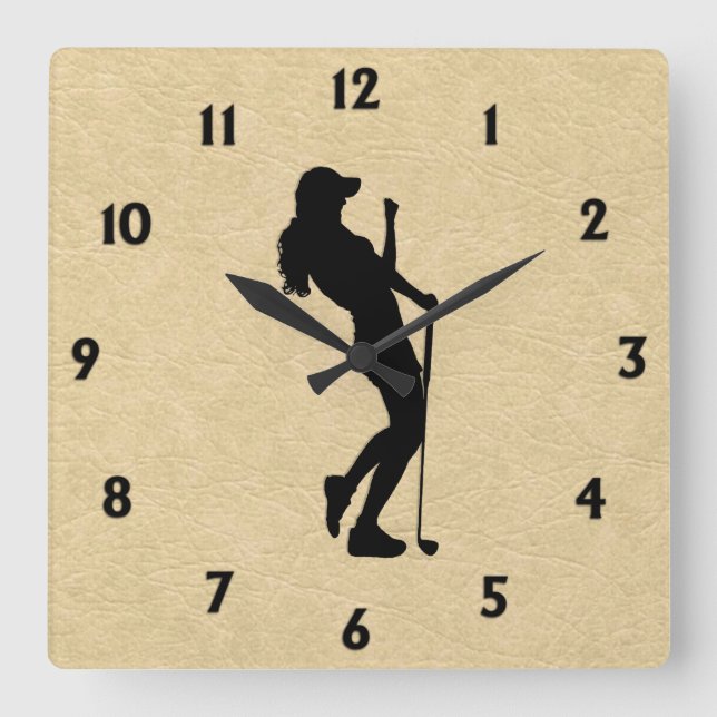 Lady Golf Sports Design Leather Look Square Wall Clock (Front)