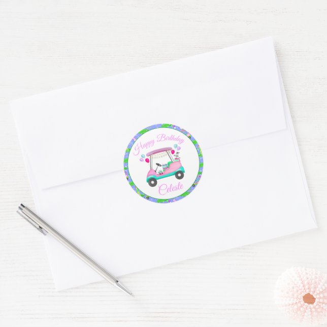 Lady Golf Themed Happy Birthday  Classic Round Sticker (Envelope)