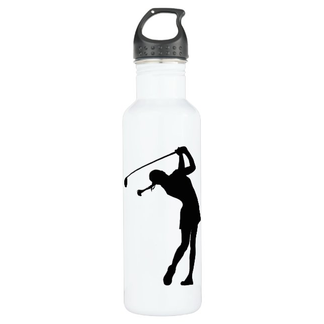 Lady Golfer Black Silhouette Water Bottle (Front)