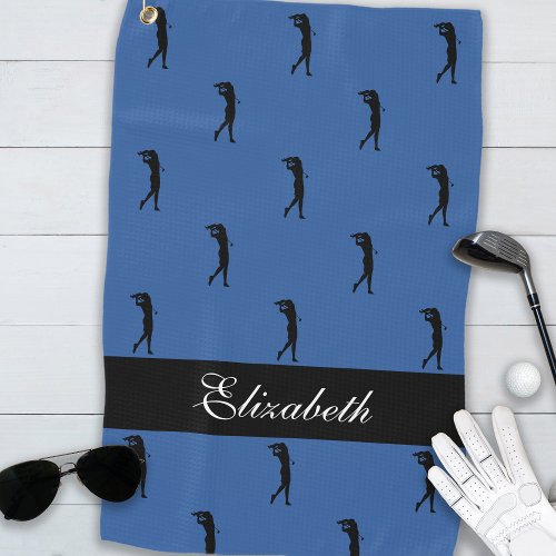 Lady Golfer Customized Name Pattern Blue Black Golf Towel