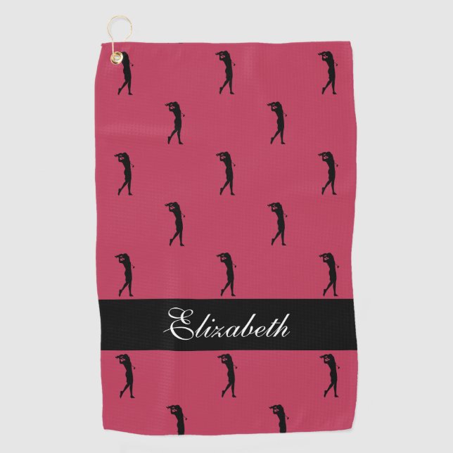 Lady Golfer Customized Name Pattern Magenta Black Golf Towel (Front)