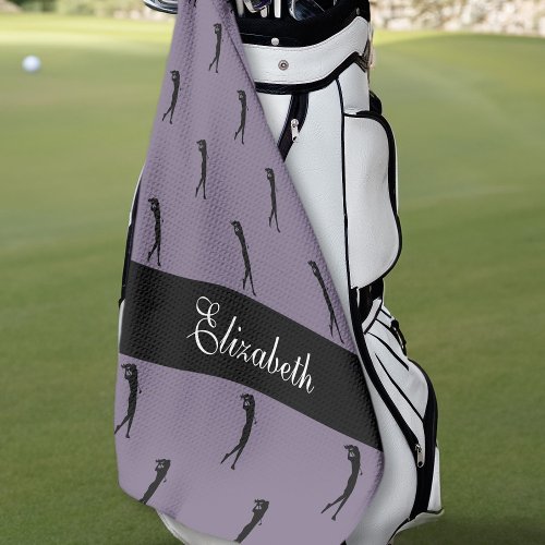 Lady Golfer Customized Name Pattern Purple Black Golf Towel