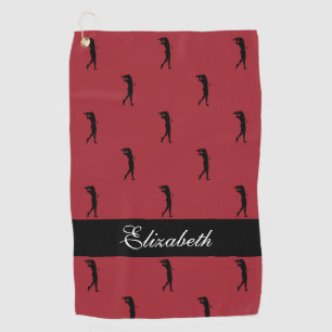 Lady Golfer Customized Name Pattern Red Black Golf Towel