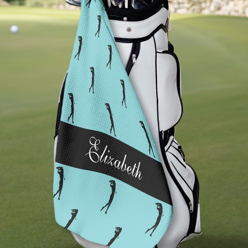 Lady Golfer Customized Name Pattern Teal Black Golf Towel