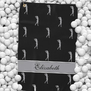 Lady Golfer Cutomized Name Pattern Chic Black Gray Golf Towel