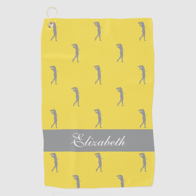 Lady Golfer Cutomized Name Pattern Yellow Gray Golf Towel (Front)