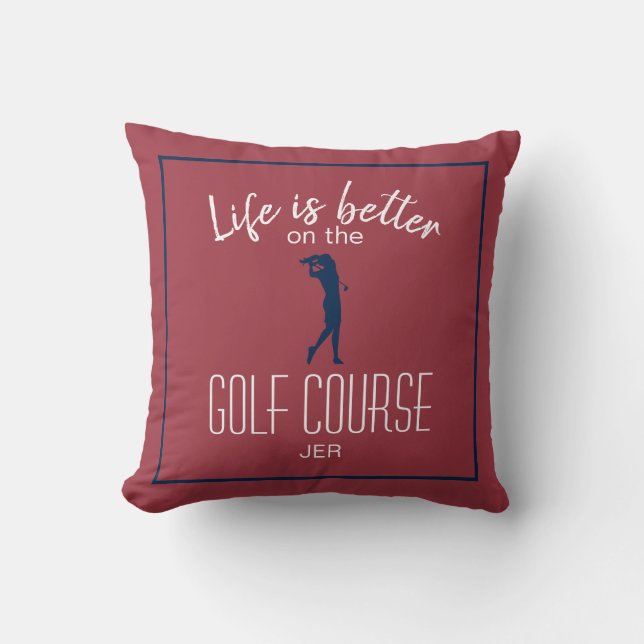 Lady Golfer Golf Course Quote Monogrammed Red Blue Throw Pillow (Front)