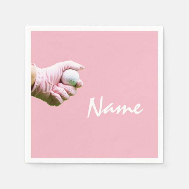Lady golfer is holding golf ball on pink Golf Napkins (Front)