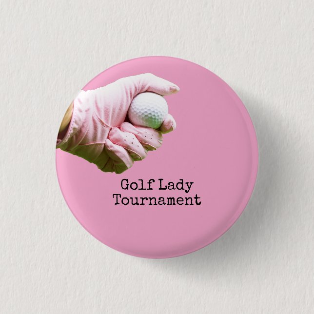 Lady golfer is holding golf ball on pinkbackground button (Front)