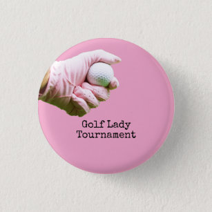 Lady golfer is holding golf ball on pinkbackground button