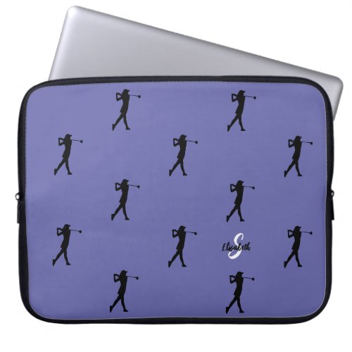 Lady Golfer Pattern Monogram Name Periwinkle Blue  Laptop Sleeve