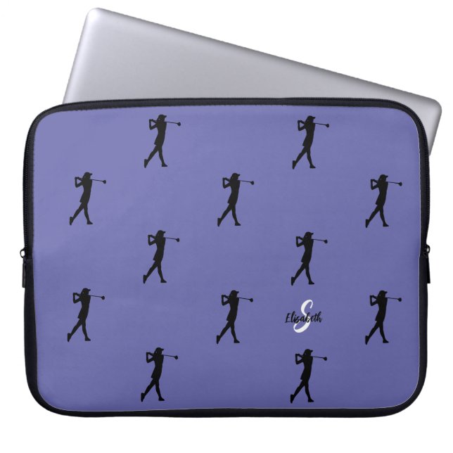 Lady Golfer Pattern Monogram Name Periwinkle Blue  Laptop Sleeve (Front)