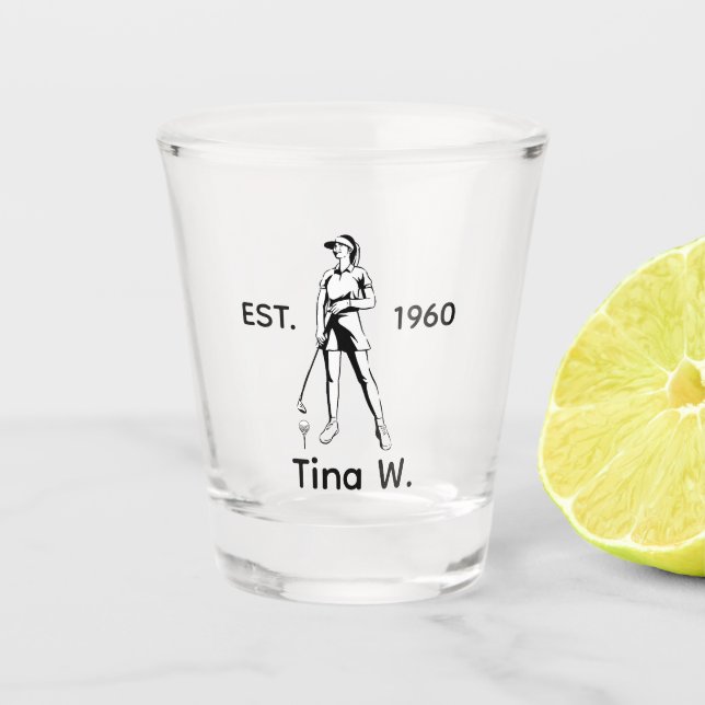 Lady Golfer Personalized name and year Whiskey Shot Glass (Front)
