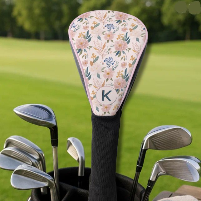 Lady Golfer Pink Floral Pattern Monogram  Golf Head Cover (Creator Uploaded)