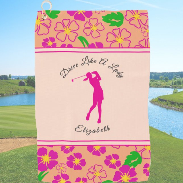 Lady Golfer Pink Orange Preppy Custom Name Ladies Golf Towel (Creator Uploaded)
