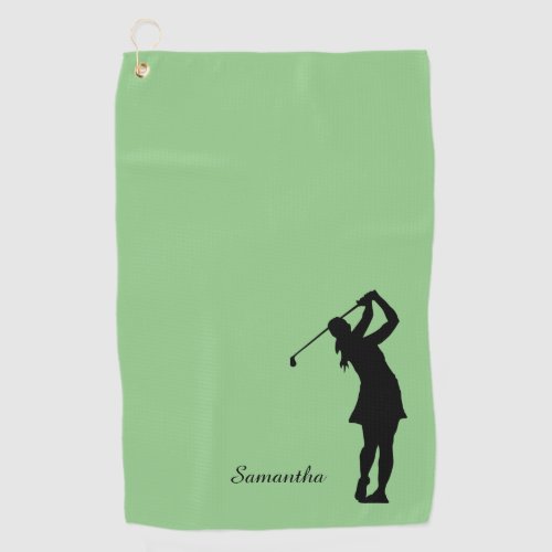 Lady Golfer Silhouette Black Green Monogram Golf Towel