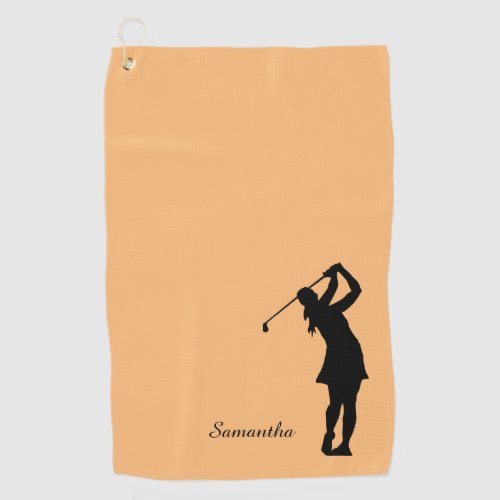 Lady Golfer Silhouette Black Orange Monogram Golf Towel