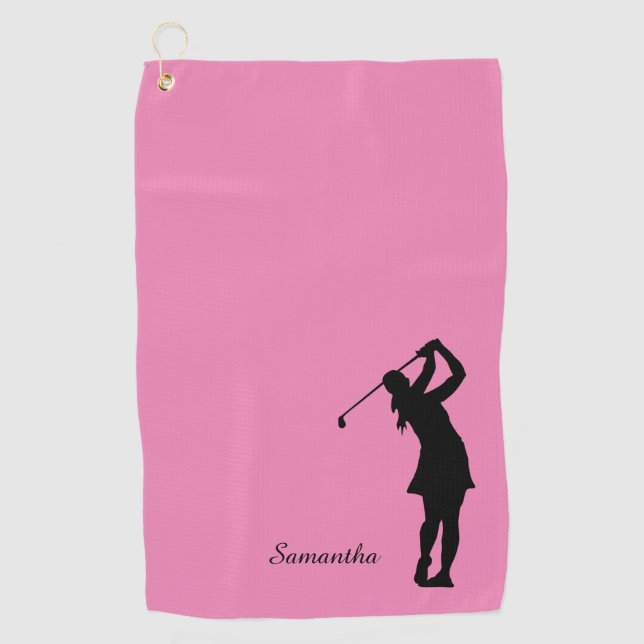Lady Golfer Silhouette Black Pink Monogram Golf Towel (Front)