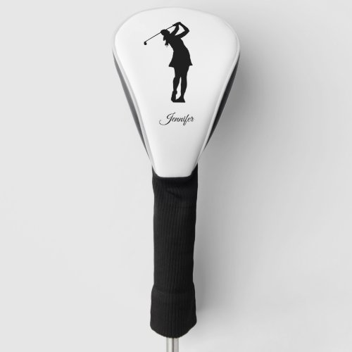 Lady Golfer Silhouette Black White Your Name Golf Head Cover