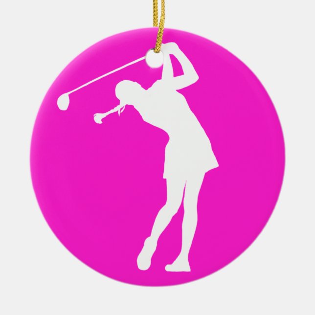 Lady Golfer Silhouette Ornament w/Name Pink (Front)