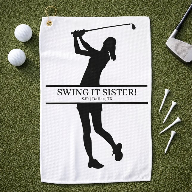 Lady Golfer Silhouette Personalized Monogram Golf Towel (Personalize with initials, city state.  Change the caption too, if you wish)
