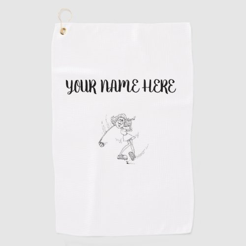 LADY GOLFER SWINGING CLUB PERSONALIZED GOLF TOWEL