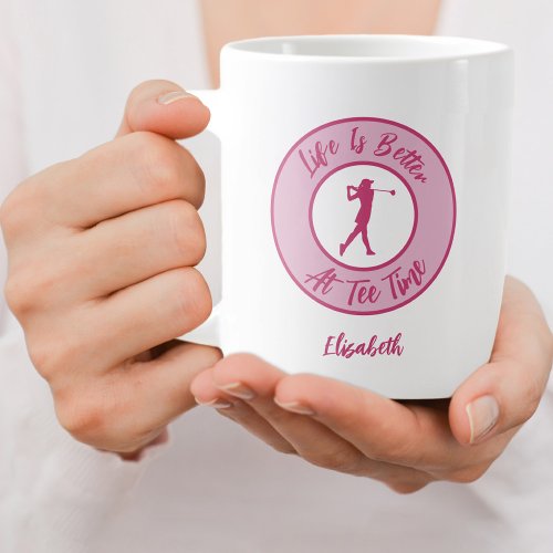 Lady Golfer Tee Time Name Sports Humor Funny Pink Giant Coffee Mug