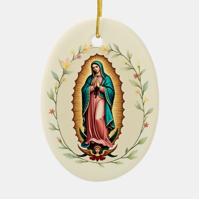 Lady Guadalupe Feast Spanish Virgen de Guadalupe Ceramic Ornament (Front)