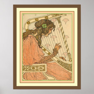 Lady & Harp Art Nouveau Print 16 x 20