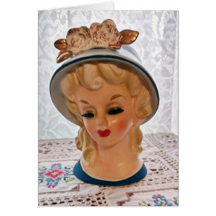 Lady Head Vase Blonde Teen Blue Hat Flower Card