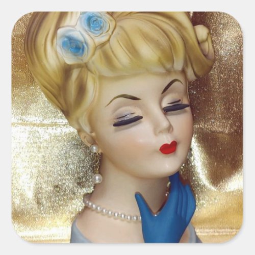 Lady Head Vase Hair Flower Blue Gloves Fancy Square Sticker