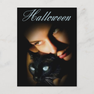 Lady & her Blue Eyed Cat Halloween Postcards