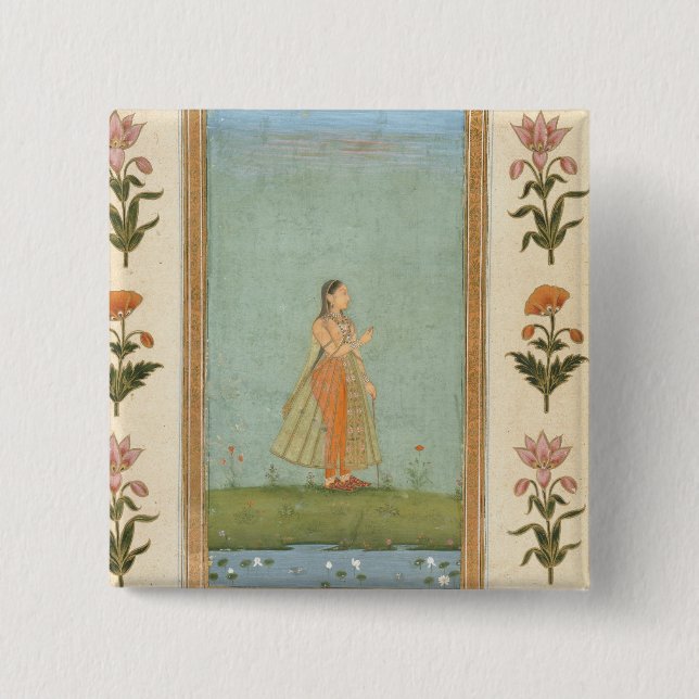 Lady holding a flower, standing by a lily pond, fr button (Front)