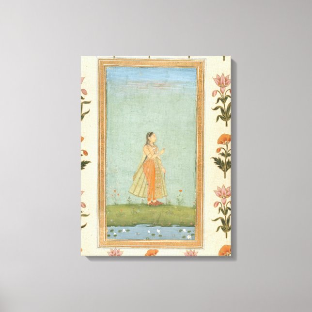 Lady holding a flower, standing by a lily pond, fr canvas print (Front)