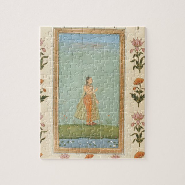 Lady holding a flower, standing by a lily pond, fr jigsaw puzzle (Vertical)