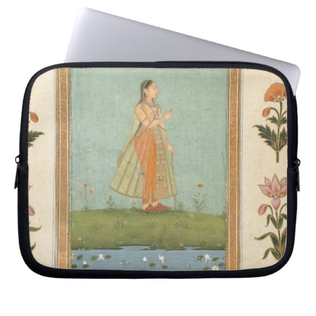 Lady holding a flower, standing by a lily pond, fr laptop sleeve (Front)