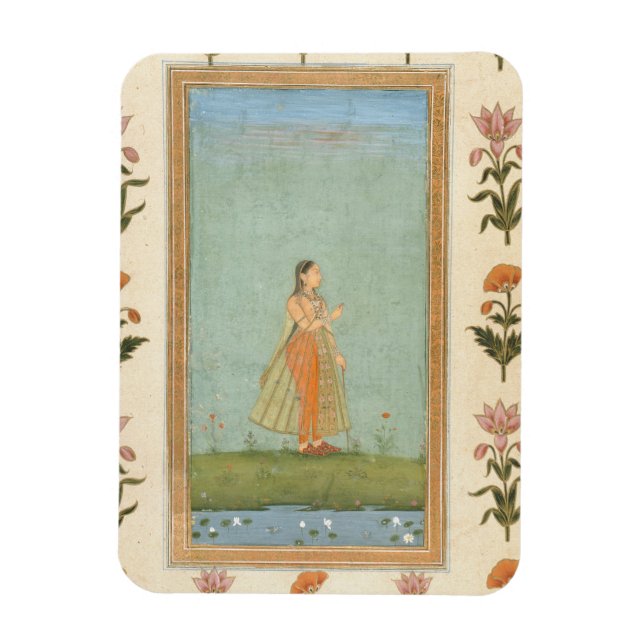 Lady holding a flower, standing by a lily pond, fr magnet (Vertical)