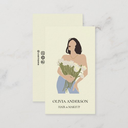 Lady Holding Bouquet Of Flowers Green Abstract Art Business Card