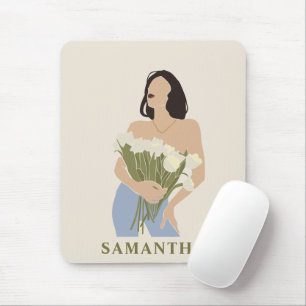 Lady Holding Bouquet Of Flowers Green Abstract Art Mouse Pad