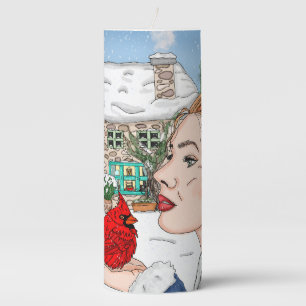 Lady holding Cardinal English Cottage Pillar Candle