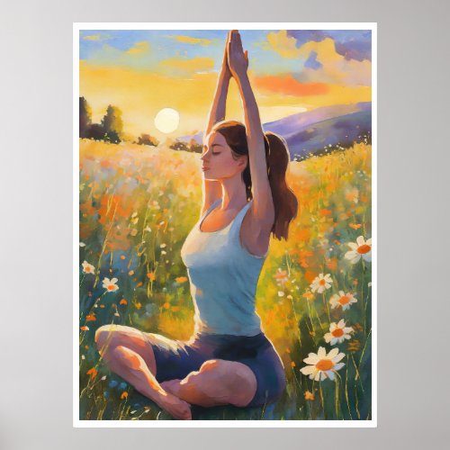 Lady in a field at sunset doing Yoga Poster