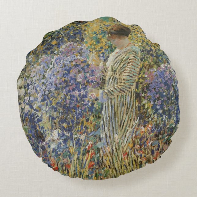 Lady in a Garden by Frederick Frieseke, Fine Art Round Pillow (Back)