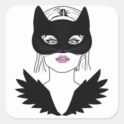 Lady in a Masquerade wearing half cat face mask Square Sticker