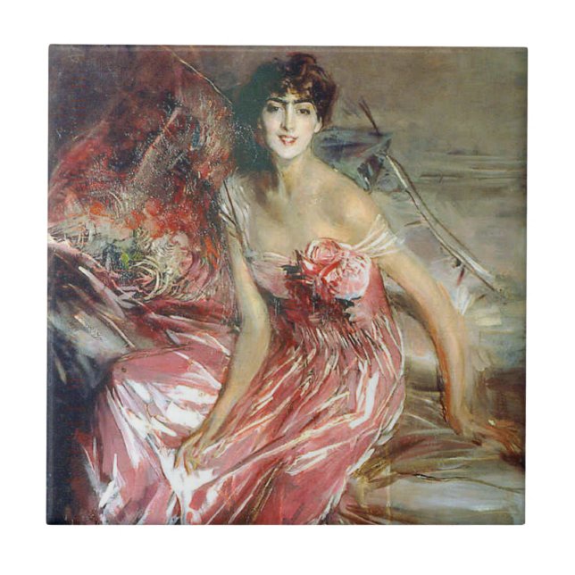 Lady in a Pink Dress (by Giovanni Boldini) Ceramic Tile (Front)
