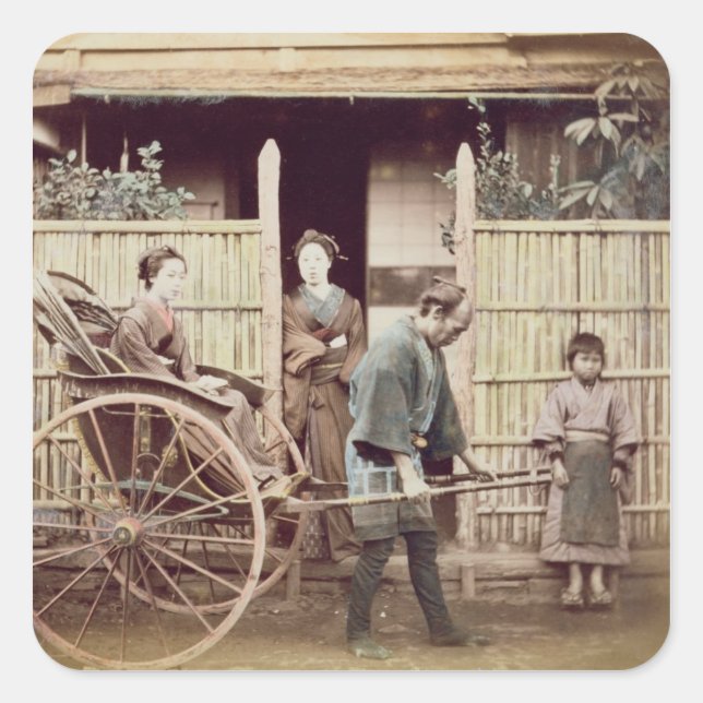 Lady in a rickshaw, c.1890s (coloured photo) square sticker (Front)
