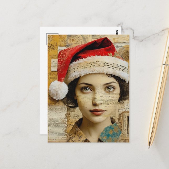 Lady in a Santa Hat Mixed Media Collage Postcard (Front/Back In Situ)