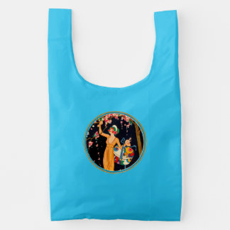 Lady in Black Circle Picking Pink Cherry Blossoms Reusable Bag